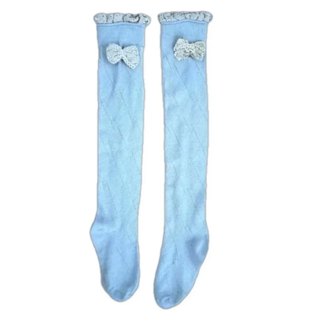 Vintage blue knee high stockings cute cream bow​ coquette girl pastel y2k twee